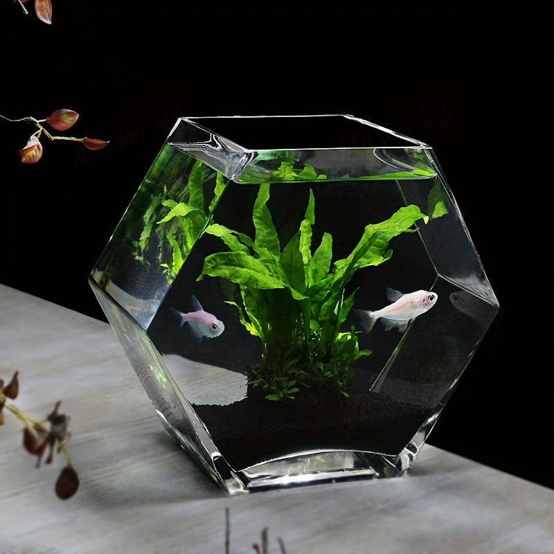 Hexagonal Glass Fish Bowl - Artisanal Hand-Blown High-Clarity Thickened Glass Aquarium with Integrated Design, Uncharged Decorative Home Accessory - Shape: Other, Major Material: Glass