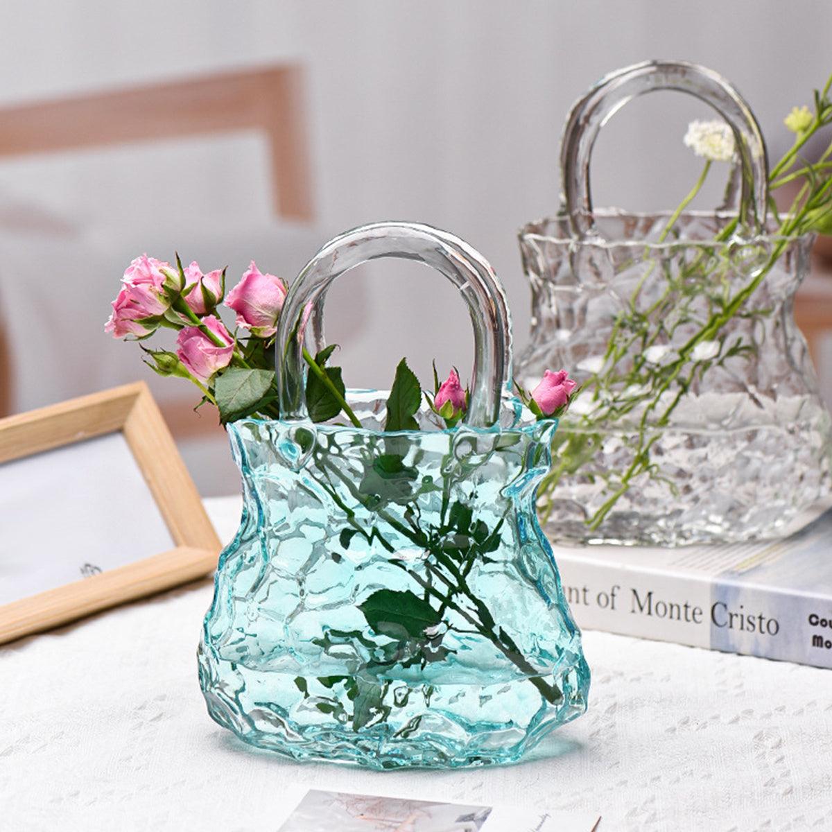 Enchanting light effects Creative Modern Handbag Glass Vase | Nordic INS Style, Transparent Rock Pattern, Irregular Design, Hydroponic Plant Container, Art Decoration, Artistic Fish Tank