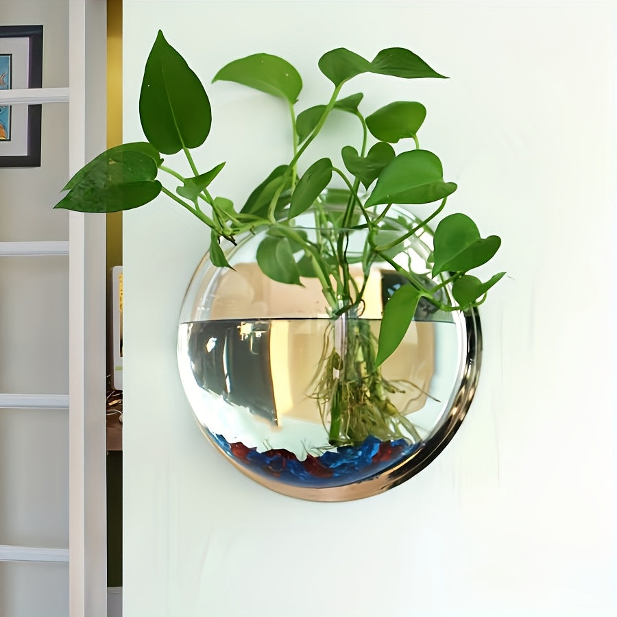 1pc Wall-Mounted Round Planter with Transparent Design, - Transparent Plastic with Dual-Purpose for Hydroponic Greenery & Small Fish Tank, Indoor\u002FOutdoor Decorative Bonsai Stand, Hydroponic System | Contemporary Decor | Clear Plastic Vase