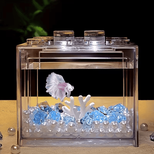 1pc Mini Crystal Fish Tank | Square Acrylic Small Fish Tank with Lid, Transparent Decorative Landscape and Building Blocks, No Power Required, Compact Home Decoration and Pet Care Additions