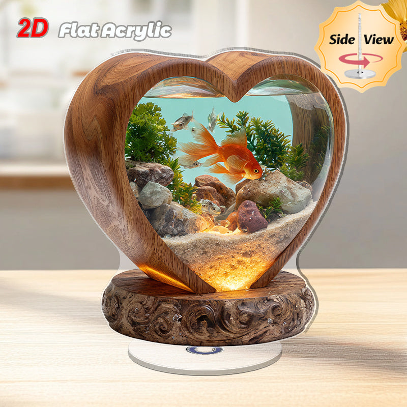 2D Flat, 1pc Rotating Acrylic Desktop Aquarium with Heart-Shaped Fish Tank, Goldfish & Plants - 2D Flat Spinning Pond Suitable for Home, Office, Decor, Space-Saving Fish Tank for Small Spaces, Relaxing Atmosphere Decoration, 2D Flat