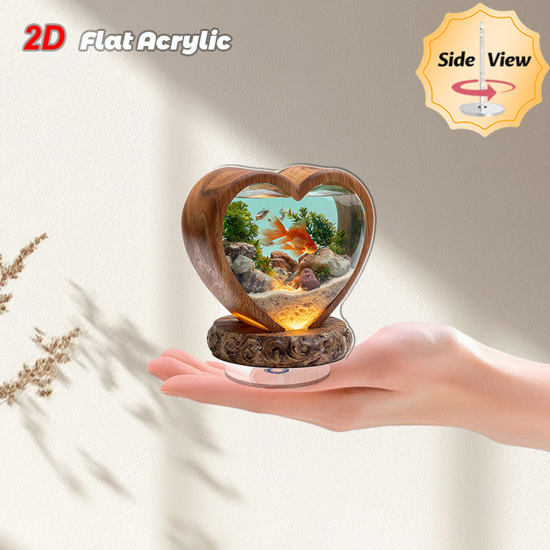 2D Flat, 1pc Rotating Acrylic Desktop Aquarium with Heart-Shaped Fish Tank, Goldfish & Plants - 2D Flat Spinning Pond Suitable for Home, Office, Decor, Space-Saving Fish Tank for Small Spaces, Relaxing Atmosphere Decoration, 2D Flat